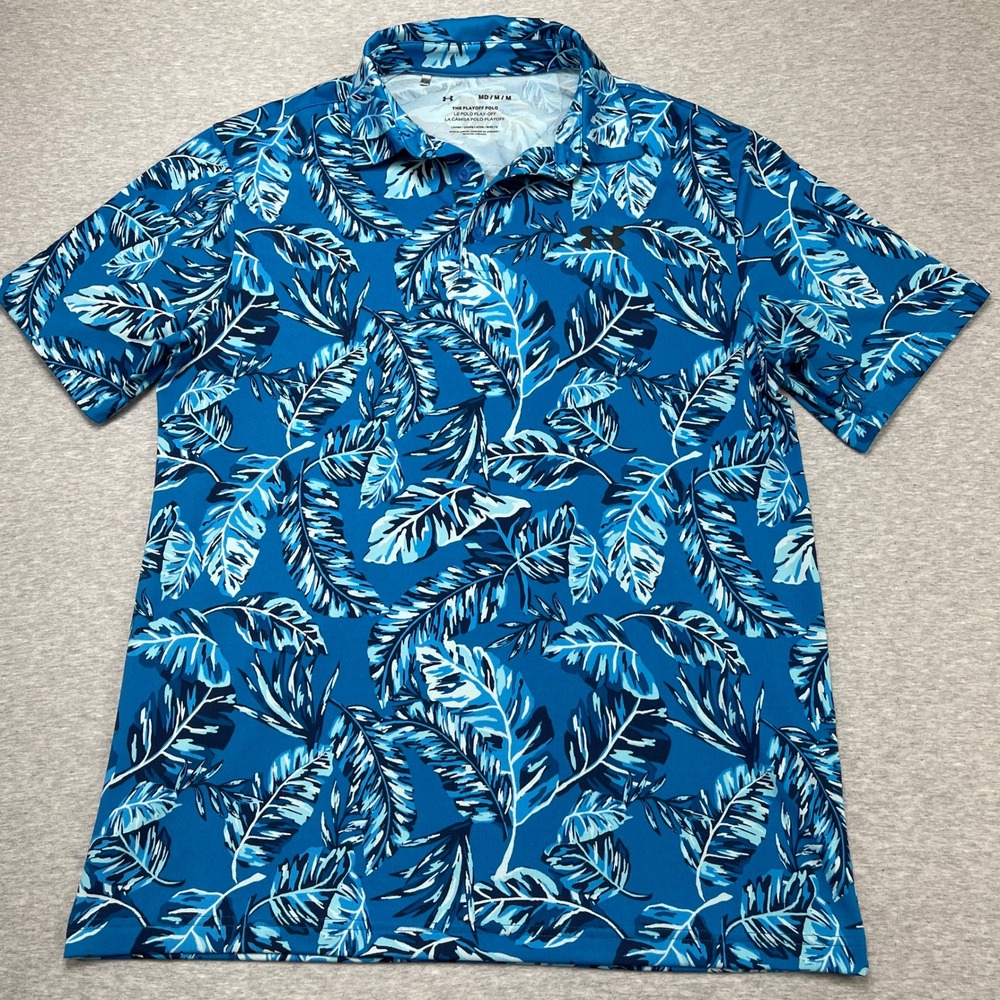 Under Armour Golf Mens Medium Playoff Polo Shirt Blue Tropical Palm Floral Loose